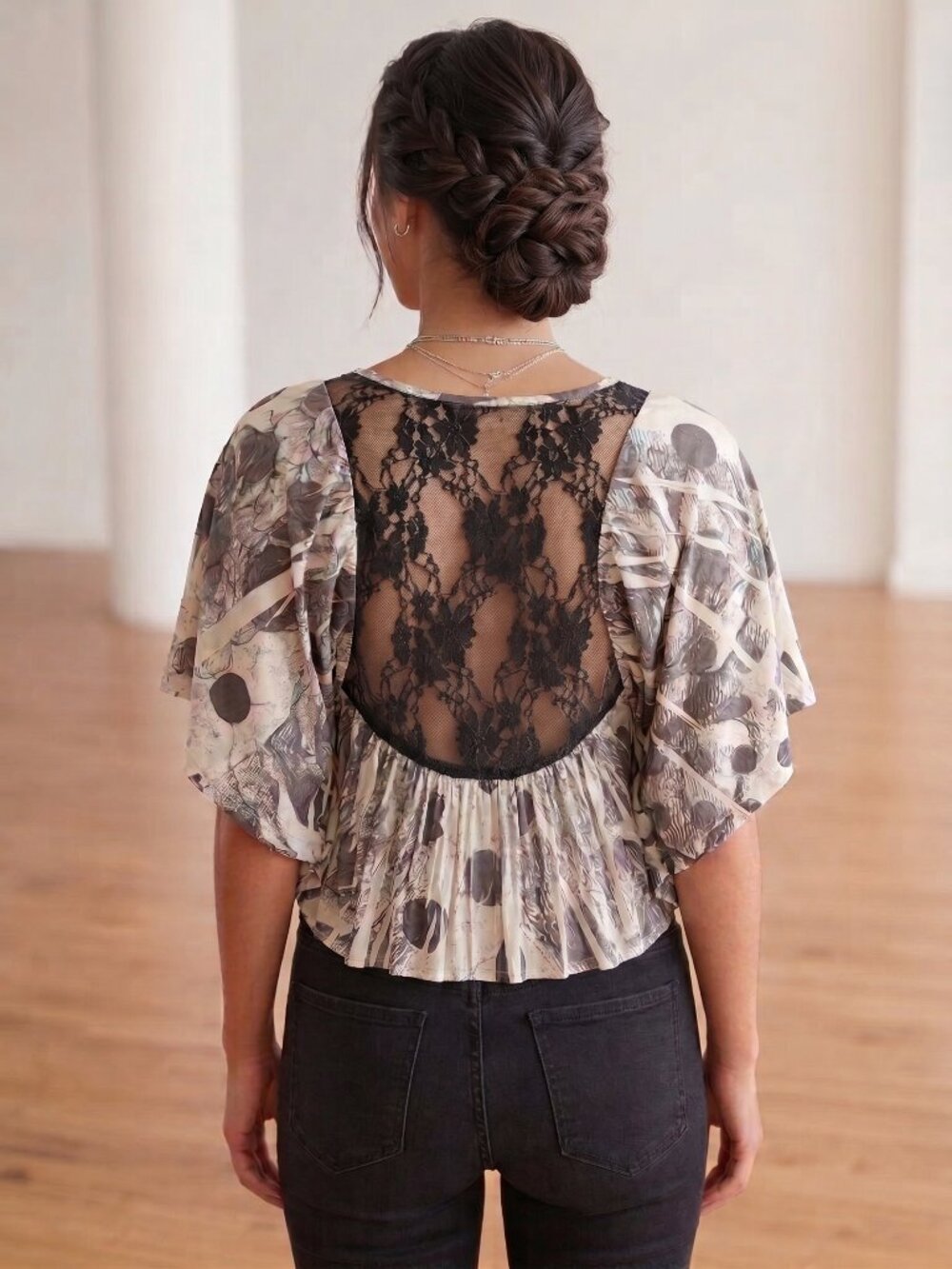 Sheer Floral Lace Back Batwing Blouse Polka Dot Rose Graphic Top OS S M L
